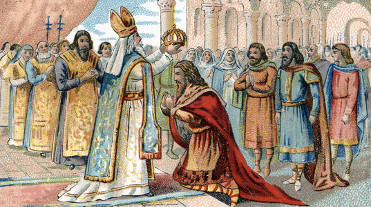 Le sacre de Charlemagne par le pape Leon III a Rome (800), fin 19eme siecle (Chromolithographie)