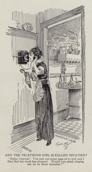 Woman calling the operator to help time her eggs (litho)