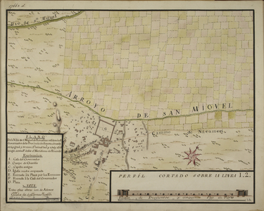 Plano de la villa de S. Miguel de Horcasitas ... de Sonora situado en 29 grados y 44 minutos de latitud boreal y en 250o y 23' longitud constados desde el meridiano de Tenerife.