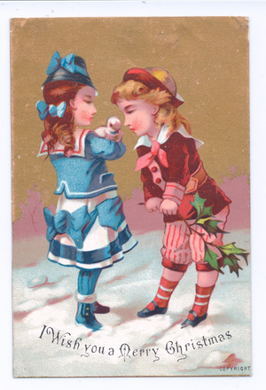 A Victorian Christmas card of two children in the snow playing with snowballs, c.1880 (colour litho)