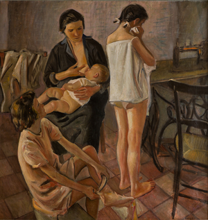 Mother breastfeeding her baby and two girls (oil on canvas)