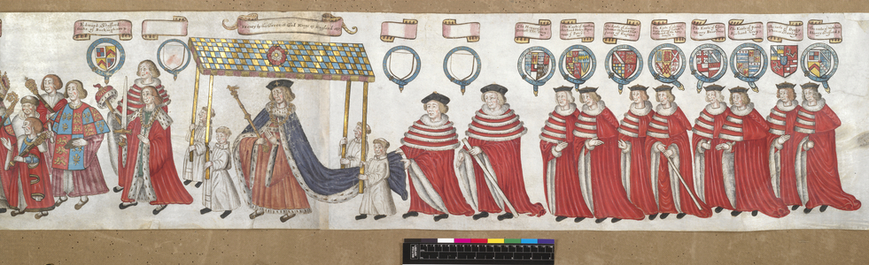 Add 23306 Representation of the procession to Parliament of the King Henry VIII his and peers on the 4th February 1512 (ink, colour & gold on vellum)
