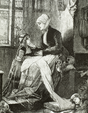 Middle Ages. Mother talking with her elder daughter. Engraving.