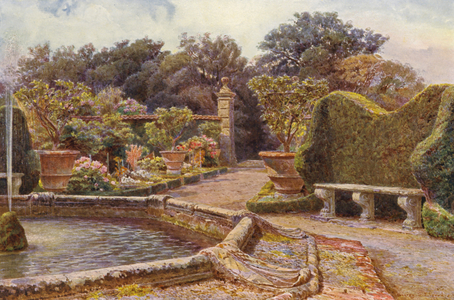 Italian Gardens: The Fountain, Villa di Caniparola (colour litho)