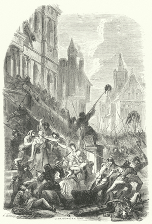 Massacre of seventeen nobles by the people of Leuven at the town hall, 1379 (engraving)