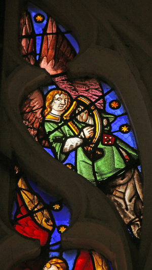 Window depicting Musical Angel with Harp (stained glass)