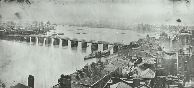 Battersea Bridge: view from Chelsea Church Tower, 1875 (b/w photo)