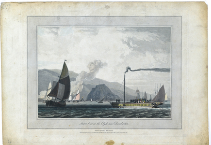 Steam boat on the Clyde near Dumbarton, 1817 (hand coloured aquatint on paper)