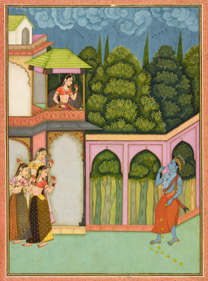 Krishna approaches Radha, folio from a "Rasikpriya", dated c.1690 (opaque watercolor and gold on paper)