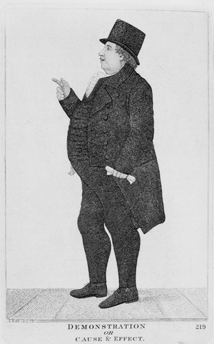 Demonstration or Cause & Effect', 1817. John Leslie (1766-1832) Scottish Mathematician and philosopher. Etching by John Kay