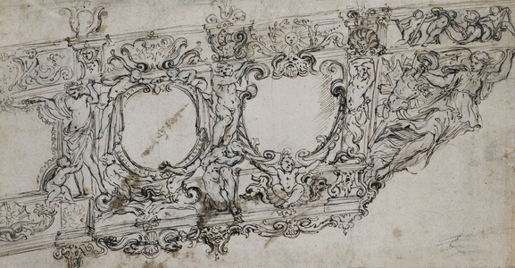 Design for the Prow of the Gallery of Pope Urban VIII with the Barberini Arms of Bees and Sun, Ignudi, Tritons, Hippocamps, Putti and an Allegory of Victory as the Figurehead Below the Letters VRBA Intertwined with Putti, (black lead, pen and brown ink)