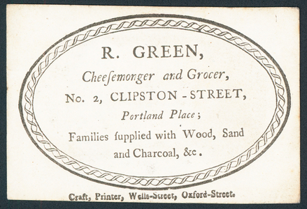 R Green, cheesemonger and grocer, trade card (engraving)