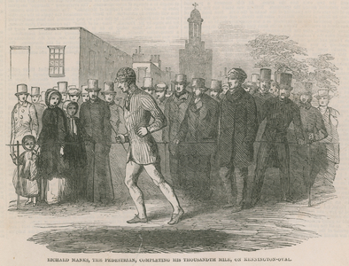Richard Manks, the pedestrian, completing his thousandth mile on Kennington Oval (engraving)