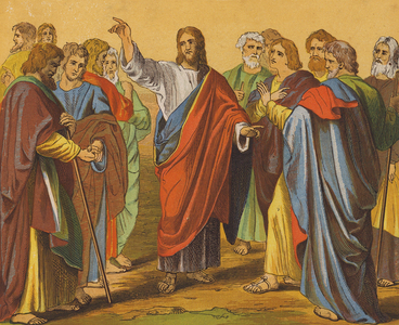 Jesus Christ sending out the twelve apostles (colour litho)