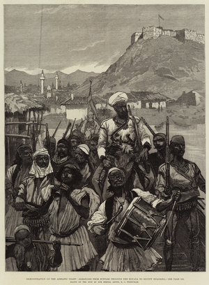 Demonstration on the Adriatic Coast, Albanians from Scutari crossing the Boyana to occupy Dulcigno (engraving)