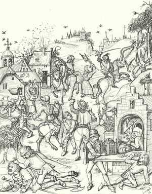 Ravaging and pillaging of a village (engraving)
