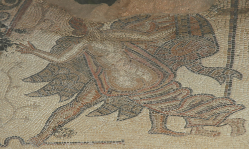 UK, Gloucestershire, Chedworth, Roman Villa, dining room mosaic