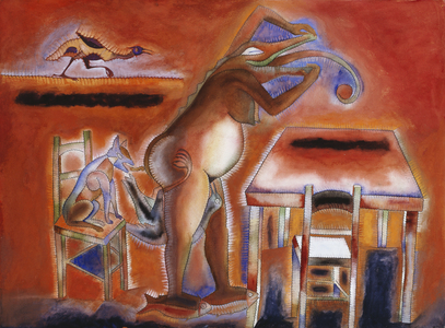 The Red Table (gouache, sand and pen and black ink on heavy paper)