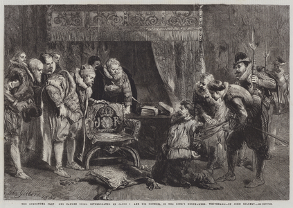 The Gunpowder Plot, Guy Fawkes being interrogated by James I and his Council in the King's Bedchamber, Whitehall (engraving)