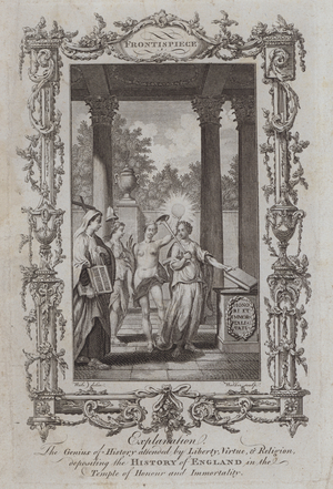 The Genius of History attended by Liberty, Virtue, and Religion, depositing the History of England in the Temple of Honour and Immortality (engraving)