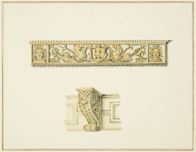 Frieze in 15 Broad Street and Bracket on house next to Guildhall (w/c on paper)