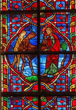Window w207 depicting Adam and Eve wear clothes (stained glass)