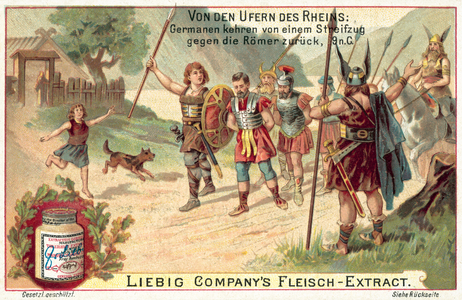 Germanic warriors returning from a raid against the Romans, 9 AD (chromolitho)