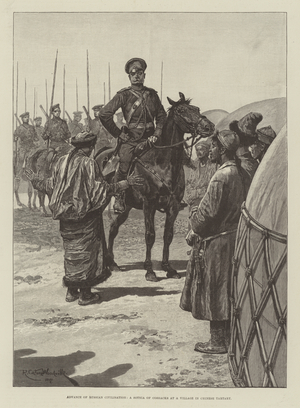 Advance of Russian Civilisation, a Sotnia of Cossacks at a Village in Chinese Tartary (engraving)