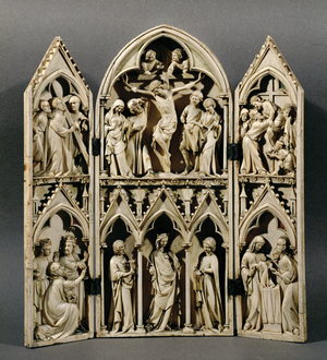 Carrying of the Cross, Crucifixion, Descent from the 
 Cross (top); below: Adoration, Saint Mary and Child (ivory)