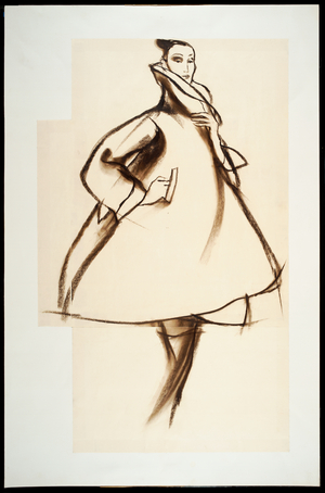Overcoat with trumpet-like collar