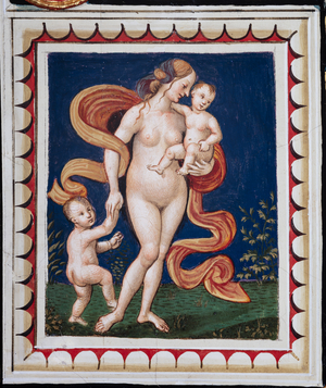 The Piccolomini Library, the ceiling, panel with allegory of Charity, fresco by Bernardino di Betto, known as Pinturicchio.