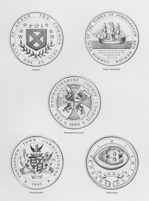 Public arms: Annan; Port Glasgow; Monmouthshire; Portadown; Penzance (engraving)