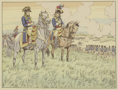 Napoleon and General Louis Desaix at the Battle of Marengo, 24 June 1800 (colour litho)