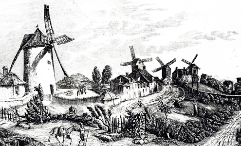 An engraving depicting a flour mill at Wolvey, Warwickshire. On the left is a tower mill: the remaining three are post mills, 19th century