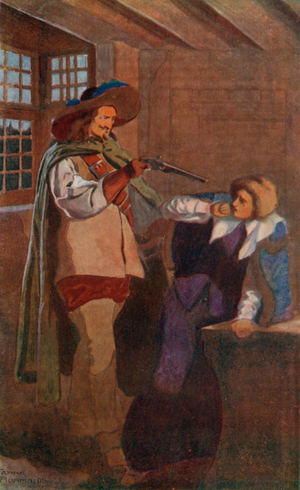 "Athos slowly raised the pistol until the muzzle almost touched Milady's forehead" (colour litho)