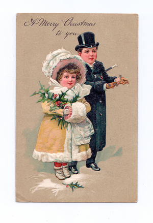 Edwardian Christmas postcard of two children dressed in top hat and fur cape holding a sprig of holly and walking cane, c.1910 (colour litho)