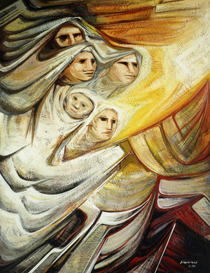 Women in Flight; Mujeres en Huida, 1970 (piroxiline on masonite)