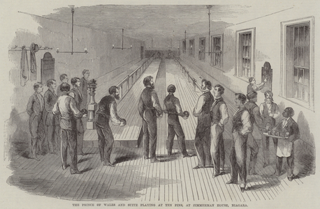 The Prince of Wales and Suite Playing at Ten Pins, at Zimmerman House, Niagara (engraving)