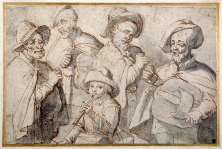 Four hurdy-gurdy players and a boy with a pipe, c.1650-99 (pen & ink on paper)