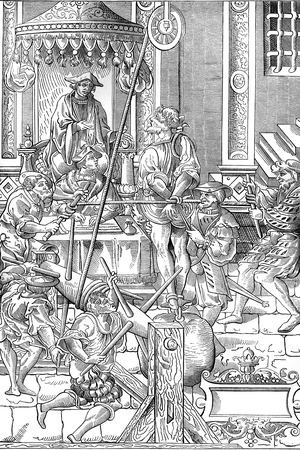 Medieval torture scene : the estrapade, 1541, 1874 (engraving)