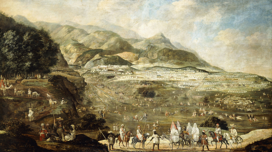 A Moroccan Military Encampment with Veiled Ladies on Donkeys in the Foreground,  (oil on canvas)