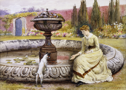 A Lady and a Dog Beside an Ornamental Pool, (pencil and watercolour heightened with white)