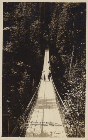 Suspension bridge over Capilano Canyon, North Vancouver, British Columbia, Canada (b/w photo)