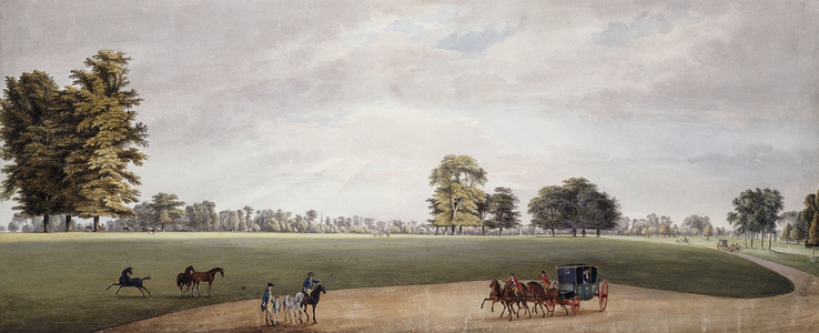A Carriage in the Park at Luton being met by Riders and Frisking Foals,  (pencil with watercolour and bodycolour)