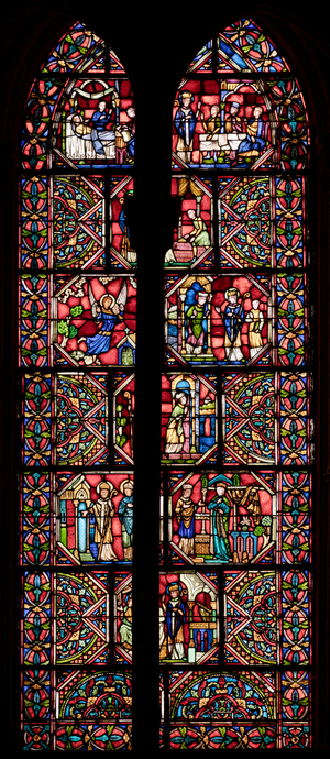 Interior, West façade, Stained glass window, Basilical church, Basilique Saint-Remi, Reims, Grand Est-Marne, France