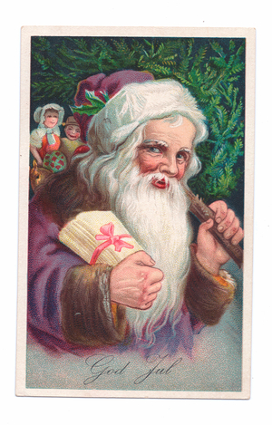 Edwardian postcard of Father Christmas holding a Christmas tree over his shoulder, c.1910 (colour litho)