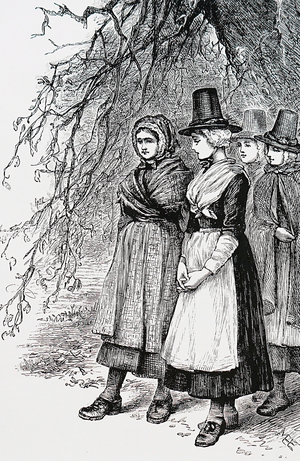 Welsh girls at a Hollantide fair, a hiring fair, waiting to be engaged as domestic servants