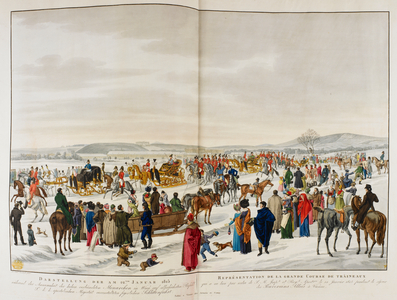 Spectators gather to watch a procession consisting of four gilded sleighs carrying royal guests escorted by soldiers on horseback travelling through a park covered in snow. A view of Schonbrunn Palace in the background and Neptune Fountain on a hill beyond