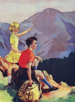 Boy and girl hiking in the mountains (colour litho)