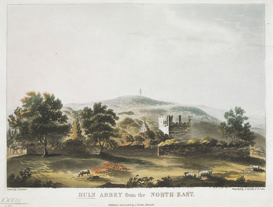 An abbey surrounded by trees in the middle ground; grassland with sheep in the foreground; hills in the distance